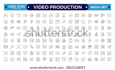 Video icon set. Containing camera, play, pause, media, online video, live, production, player, movie, and cinema icons. Video production icon outline icon collection. Editable stroke outline icon.