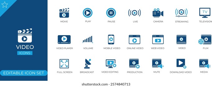 Video icon set. Containing media, production, player, online video, live, movie and cinema icons. Solid icon collection. Vector Illustration Design.