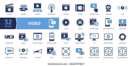 Video Conjunto de iconos. Video Contiene ilustración de medios. Colección de iconos sólidos. Ilustración vectorial.