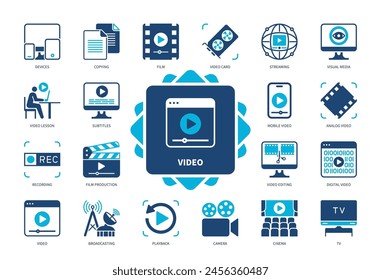 Video-Symbolsatz. Geräte, Video-Bearbeitung, Untertitel, Filmproduktion, Kino, Kamera, Wiedergabe, Rundfunk. Zweifarbige Volltonsymbole