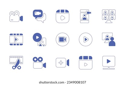 Video icon set. Duotone style line stroke and bold. Vector illustration. Containing videography, video, chat, play, call, videoconference, marketing, media, camera, virtual, event, editing.