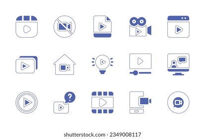 Video icon set. Duotone style line stroke and bold. Vector illustration. Containing video, player, no, file, camera, playlist, home, idea, call, play, button, quiz.