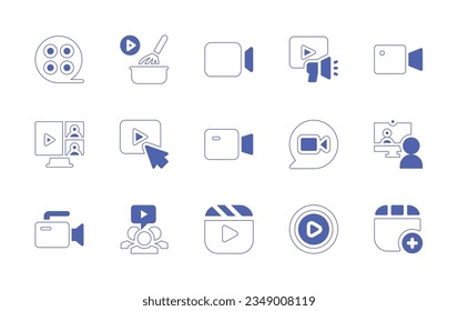 Video icon set. Duotone style line stroke and bold. Vector illustration. Containing cinema, reel, cooking, video, marketing, youtube, record, chat, call, camcorder, player, clapperboard, media, add.