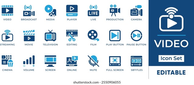 Video Conjunto de iconos. Cuenta con iconos editables para símbolos de producción de video, transmisión, edición, filmación y más. Perfecto para medios de comunicación, entretenimiento y diseños de radiodifusión.