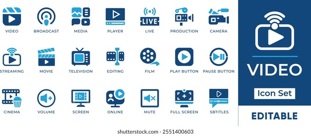 Video Icon Set. Features editable icons for video production symbols, streaming, editing, filming, and more. Perfect for media, entertainment, and broadcasting designs.