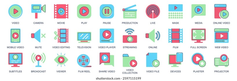 Video icon set in flat color icons web design. Pack pictograms with camera, movie, play, pause, production, live, mask, media, mute, editing, television, player, streaming, other. Vector illustration.
