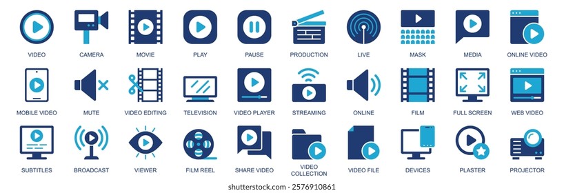 Video icon set in flat duotone solid icons web design. Pack pictograms with camera, movie, play, pause, production, live, media, mute, editing, television, streaming, film, other. Vector illustration.