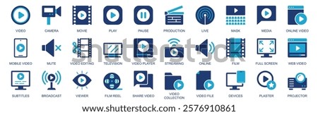 Video icon set in flat duotone solid icons web design. Pack pictograms with camera, movie, play, pause, production, live, media, mute, editing, television, streaming, film, other. Vector illustration.