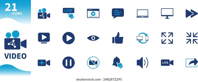 Video icon. Set of icons for video camera, live, play button, bell, social media, computer,...