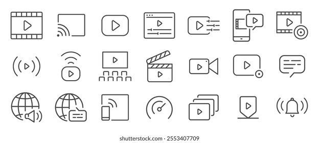 Video icon set. It included contexts such as clip, streaming, media, multimedia, entertainment, and more. Editable Vector Stroke.
