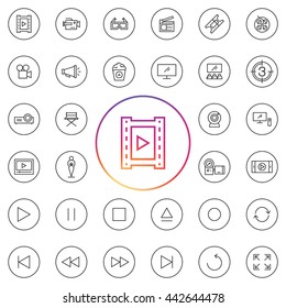 Video Icon Set. Including devices as camera, TV, remote, webcam, mobile, loudspeaker. Items as clapperboard, filmstrip, popcorn. Interface Controls as play, pause, stop, record, expand, and etc.