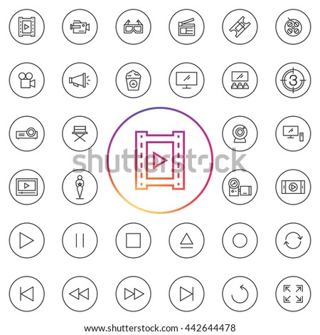 Video Icon Set. Including devices as camera, TV, remote, webcam, mobile, loudspeaker. Items as clapperboard, filmstrip, popcorn. Interface Controls as play, pause, stop, record, expand, and etc.