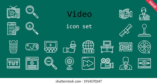 Video Icon Set. Line Icon Style. Video Related Icons Such As Vhs, Video Player, Tv Table, Zoom In, Television, News Reporter, Degree, Joystick, Camera, Film Reel, Journalist, Webcam