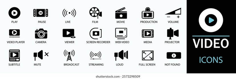 Video icon set. Showcasing intricately designed representations of camera, play, pause, media, online video, live, production, player, movie and cinema icons. Solid icon collection.