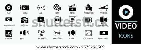 Video icon set. Showcasing intricately designed representations of camera, play, pause, media, online video, live, production, player, movie and cinema icons. Solid icon collection.