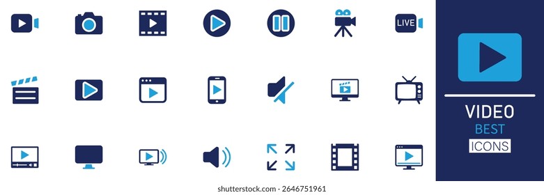 Conjunto de ícones de vídeo. Esta coleção apresenta mídia, reprodução, pausa, filme, filme, câmera, stream, ao vivo, mudo, volume, edição e muito mais. Coleção de ícones do Solid.