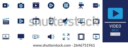 Video icon set. This collection features media, play, pause, film, movie, camera, stream, live, mute, volume, edit and more. Solid icon collection.