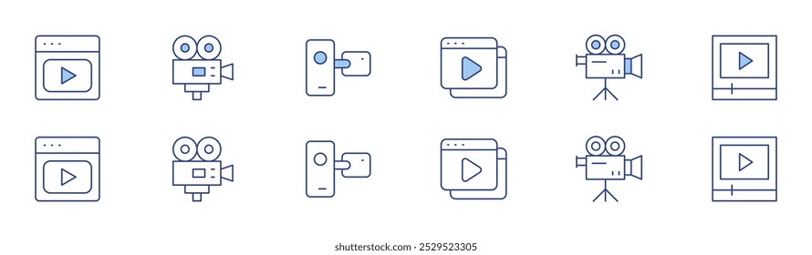Ícone de vídeo definido em dois estilos, Duotônico e Linha fina. Jogador, produção de vídeo, câmera.