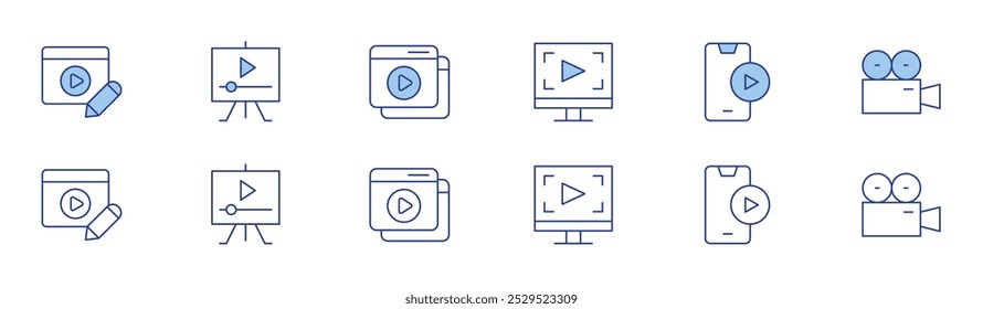 Ícone de vídeo definido em dois estilos, Duotônico e Linha fina. AVC editável. editor, jogador, câmera de vídeo, edição, lição.