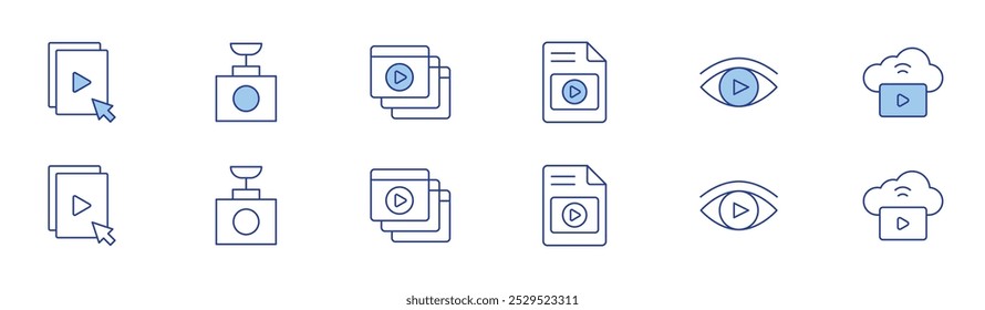 Video Conjunto de iconos en dos estilos, Duotone y estilo de línea fina. Video Video Trazo editable. Archivo, grabadora, vídeos, vista, vox.