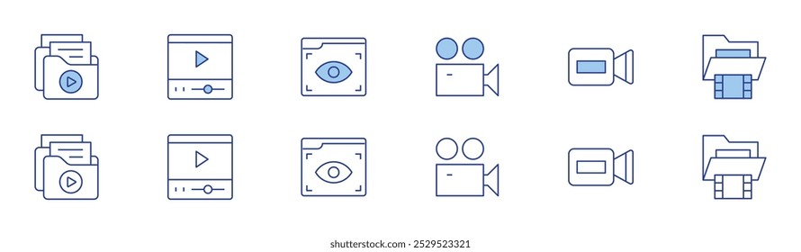 Video icon set in two styles, Duotone and Thin Line style. Editable stroke. video camera, files, folder, player, view.