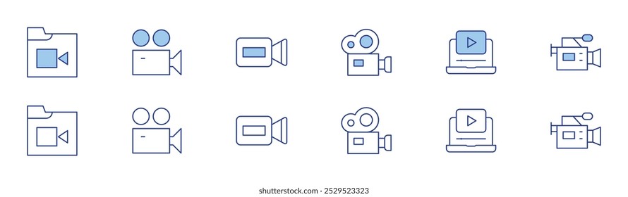 Ícone de vídeo definido em dois estilos, Duotônico e Linha fina. Traço editável. câmera de vídeo, vídeo.