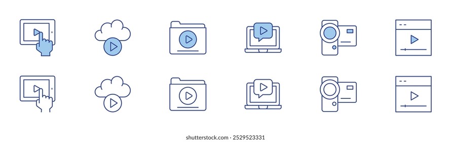 Ícone de vídeo definido em dois estilos, Duotônico e Linha fina. Traçado editável. tutorial, câmera de vídeo, vídeo, tablet, nuvem, pasta de vídeo.