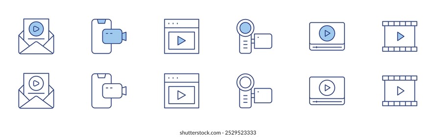Video Conjunto de iconos en dos estilos, Duotone y estilo de línea fina. Video Trazo editable. correo electrónico, llamada, cámara, lección, multimedia.