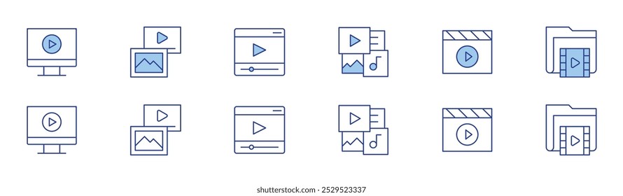 Video Conjunto de iconos en dos estilos, Duotone y estilo de línea fina. Video Video Video Trazo editable. elearning, multimedia, # player, # folder.