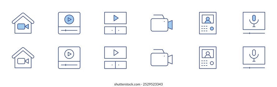 Video icon set in two styles, Duotone and Thin Line style. Editable stroke. camera, home, intercom, play, podcast, video.