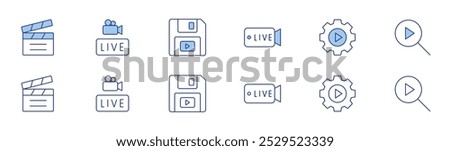 Video icon set in two styles, Duotone and Thin Line style. Editable stroke. clapper, live, save, settings, video.