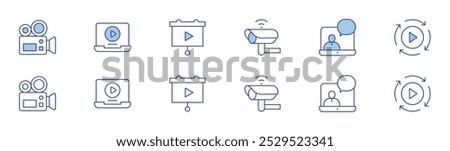 Video icon set in two styles, Duotone and Thin Line style. Editable stroke. cctv camera, laptop, processing, camera, presentation.