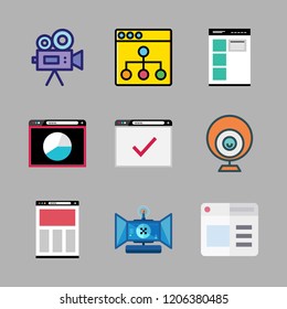 video icon set. vector set about video camera, remote control, webcam and browser icons set.