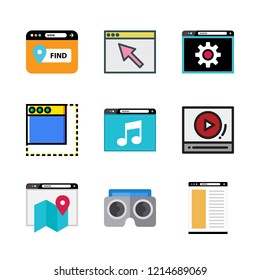 video icon set. vector set about virtual reality, video player and browser icons set.