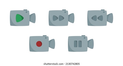 Video icon set vector. Pause video vector graphic. Next icon with camera icon vector. Video play symbol illustration. Backward button illustration. Colored video icon set illustration.