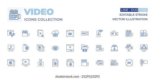 Coleção de ícones de vídeo. Linha Duotone estilo, traço editável. câmera, pasta, player de vídeo, ver, arquivo, vod, câmera de vídeo, edição, lição de vídeo, chamada.