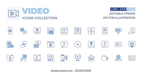 Video colección de iconos. Video Video Video Estilo de línea Duotone, carrera editable. grado, contenido, aprendizaje electrónico, hacer, multimedia, teléfono inteligente, jugar, carpeta, publicidad, aprendizaje en línea.