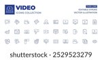 Video icons collection. Thin Line icons, editable stroke. video editing, video player, video recording, tutorial, videocamera, call, camera.