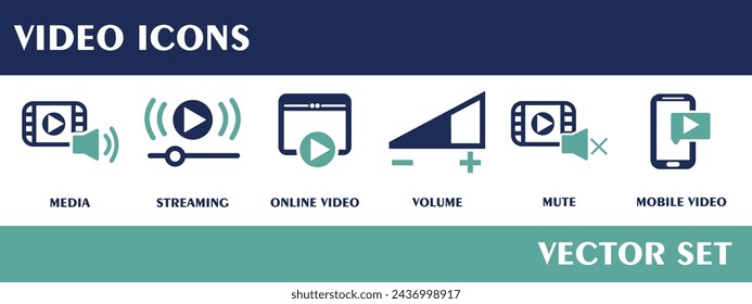Video icons. Containing media, streaming, online video, volume, mute, mobile video. Flat Design Vector Set.  