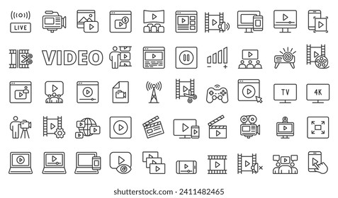 Videosymbole im Liniendesign. Vlog, Film, Bewegung, Spiel, Video-Editor, Medien, Erstellung, Videografie, Inhalt, Multimedia einzeln auf weißem Hintergrund, Vektorgrafik. Bildbearbeitbares Strichsymbol.