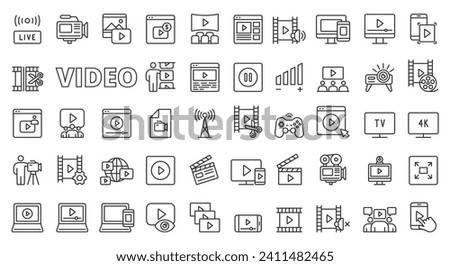 Video icons in line design. Vlog, movie, motion, play, video editor, media, creation, videography, content, multimedia isolated on white background vector. Video editable stroke icon.