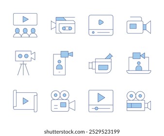 Video icons. Line Duotone style, editable stroke. video player, camera, audience, call.