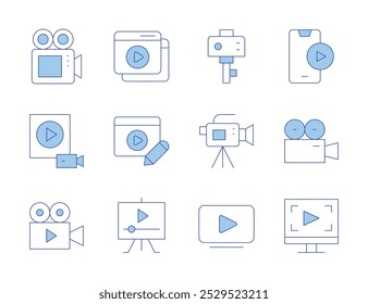 Ícones de vídeo. Linha Duotone estilo, curso editável. editor de vídeo, player, câmera de vídeo, edição, lição, câmera.