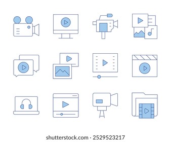 Video iconos. Video Video Video Estilo de línea Duotone, carrera editable. elearning, multimedia, jugador, llamada, cámara, chat, Clip, carpeta.