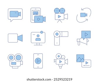 Video icons. Line Duotone style, editable stroke. degree, conference, content, make video, megaphone, smartphone, video camera, video call.