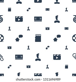 video icons pattern seamless white background. Included editable filled film tape, memory card, joystick, clapper board, home message, movie tape icons. video icons for web and mobile.