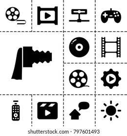 Video icons. set of 13 editable filled video icons such as disc, joystick, camera tape, movie clapper, play in gear, camera, play, camera zoom, contrast, home message