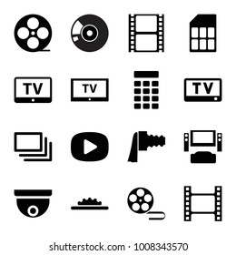 Video icons. set of 16 editable filled video icons such as tv, movie tape, tv system, camera zoom, camera wheel, burst, intercom, memory card, play, security camera