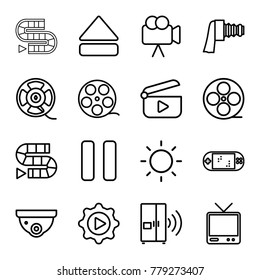 Video icons. set of 16 editable outline video icons such as security camera, dice game, camera tape, movie tape, tv, film tape, pause, eject button, play in gear, contrast