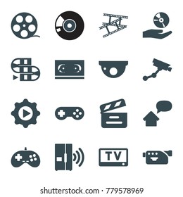 Video icons. set of 16 editable filled video icons such as security camera, camera tape, film tape, movie clapper, play in gear, cd on hand, intercom, home message, tv